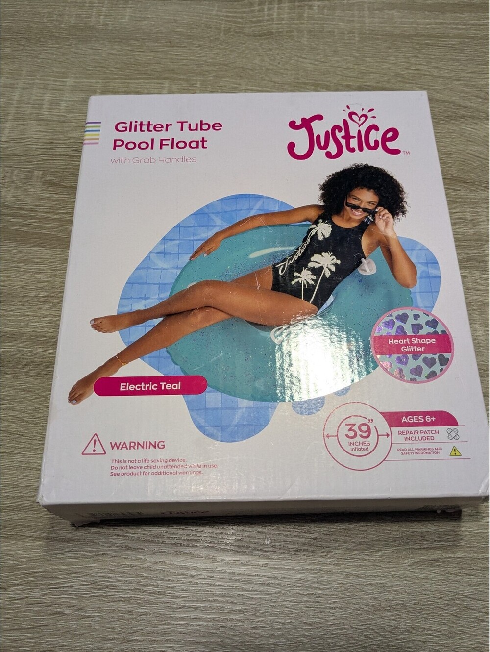 Justice Glitter Tube Pool Float with Grab Handles - Electric Teal, 39 Inches